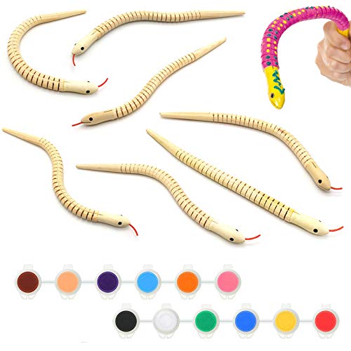 Unfinished Wooden Wiggly Snakes 8 Pcs with 12 Colors Acrylic Craft Paint and 2 Paint Brush 12” Flexible Natural Timber Snake