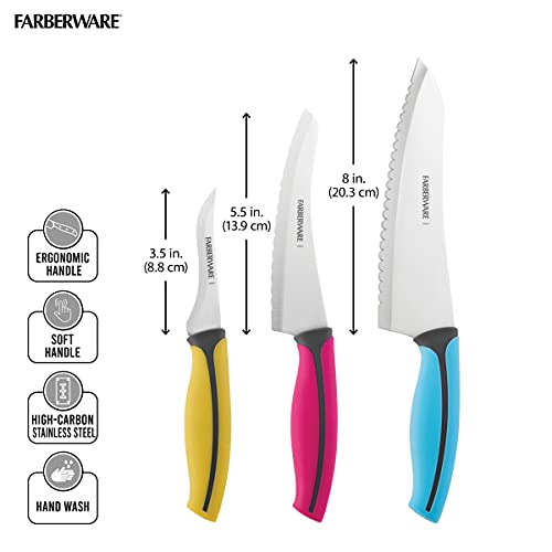 Farberware Precise Slice Soft Grip Chef Knife Set, 3Piece, Multicolored