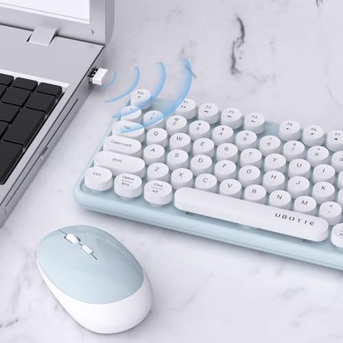 Ubotie Colorful Computer Wireless Keyboard Mouse Combos, Typewriter Flexible Keys Office Fullsized Keyboard, 2.4Ghz Dropoutfree Connection And Optical Mouse Greenwhite