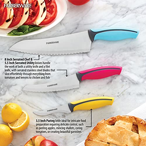 Farberware Precise Slice Soft Grip Chef Knife Set, 3Piece, Multicolored