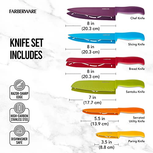 Farberware 12Piece NonStick Resin, DishwasherSafe Kitchen Knife Set With CustomFit Blade Covers, RazorSharp, Multicolor