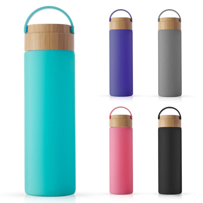 JoyJolt Borosilicate Glass Water Bottle with Strap, Silicone Sleeve and Lid Turquoise. 20oz Water Bottles. Reusable Water Bottl