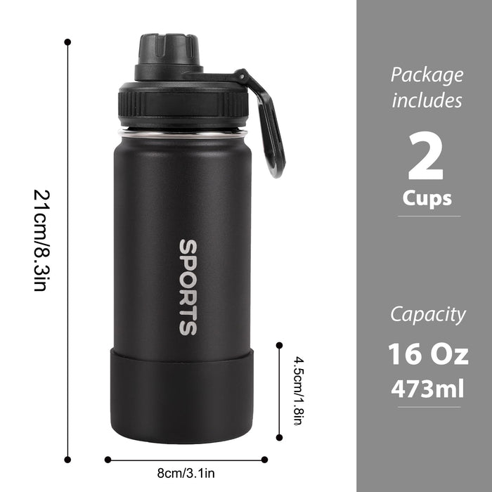 16oz Water Bottle 2 Pack, Sport Drinking Bottles Stainless Steel Leak Proof, Double Walled Vacuum Insulated Tumbler, Metal Gym