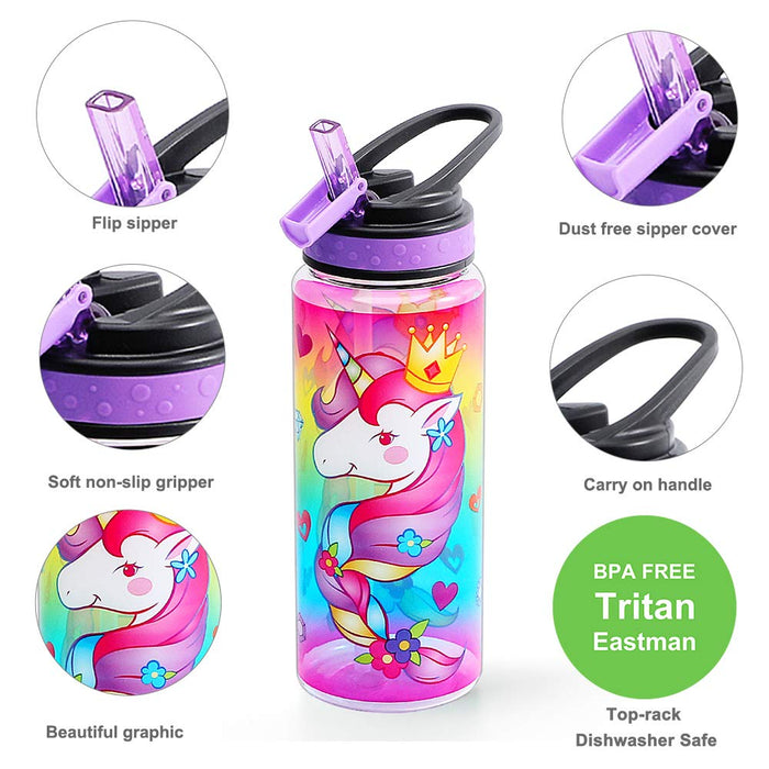 HomTune Cute Water Bottle with Straw for School Kids Girls, BPA FREE Tritan Leak Proof Easy Clean Carry Handle, 23oz 680ml