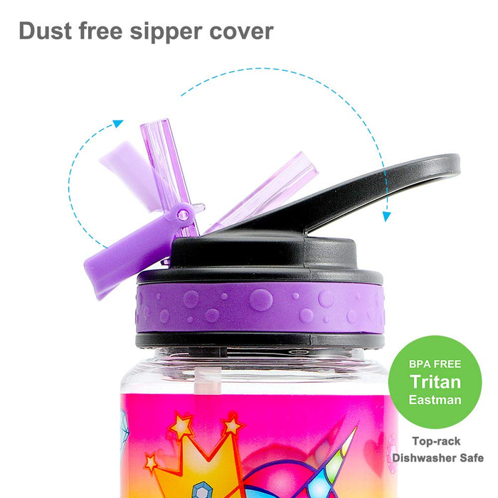 HomTune Cute Water Bottle with Straw for School Kids Girls, BPA FREE Tritan Leak Proof Easy Clean Carry Handle, 23oz 680ml