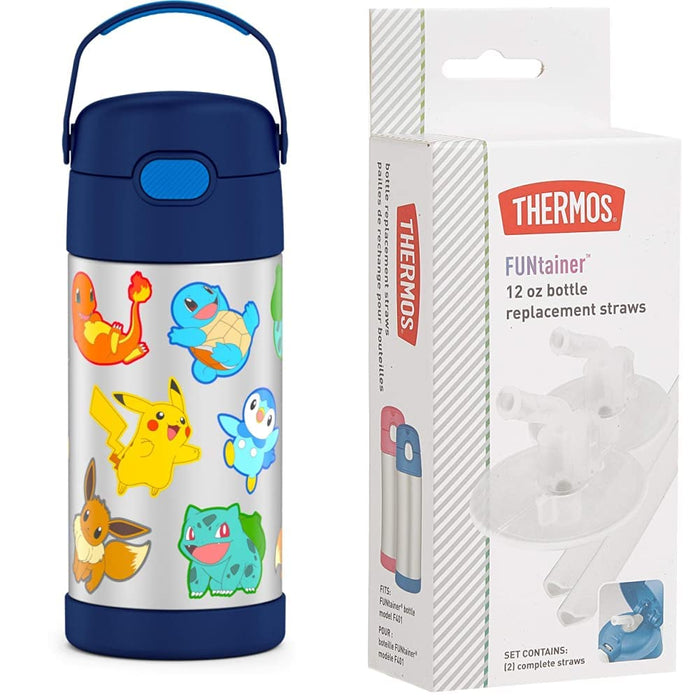 Thermos Funtainer 12 Ounce Stainless Steel Vacuum Insulated Kids Water Bottle with Straws Pokemon