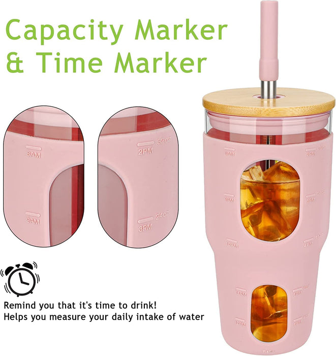 tronco 32 oz Glass Tumbler with Straw and Lid Reusable Drinking Glass Cup with Time Marker, Silicone Sleeve Ideal for Boba