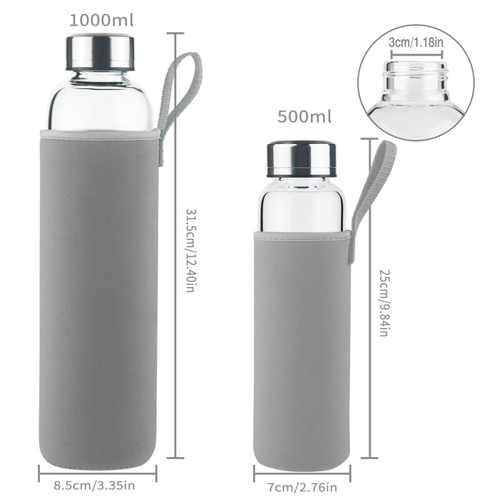 Reeho Borosilicate Glass Water Bottle, Sports Glass Drinking Bottle with Neoprene Sleeve and Stainless Steel Lid 16oz 32oz