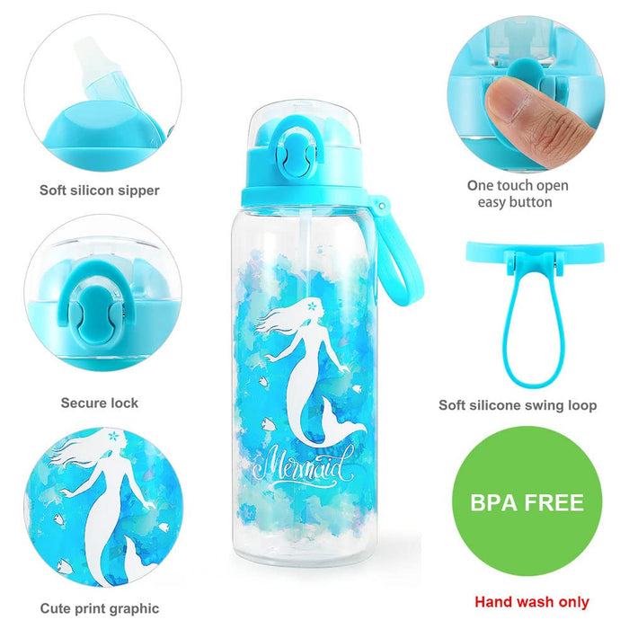 Cute Water Bottle with Straw for Women Teen Girls, BPA FREE Leak Proof One Click Open Flip Top Easy Clean Soft Carry Loop