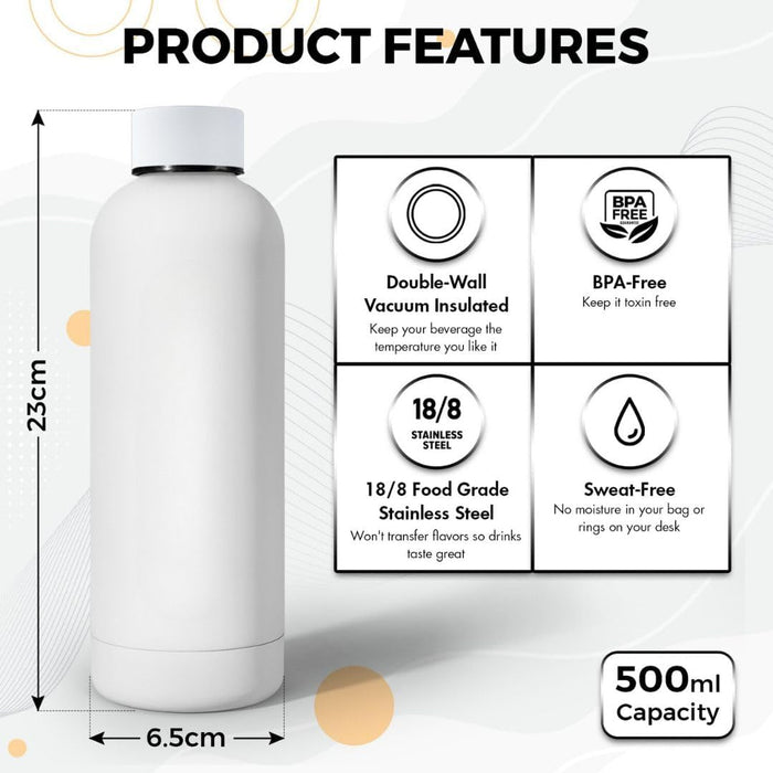 Travel Water Bottle Idea Insulated Modern Stainless Steel Small: White, BPA Free, Matte Finish, Vacuum Insulated Bottle