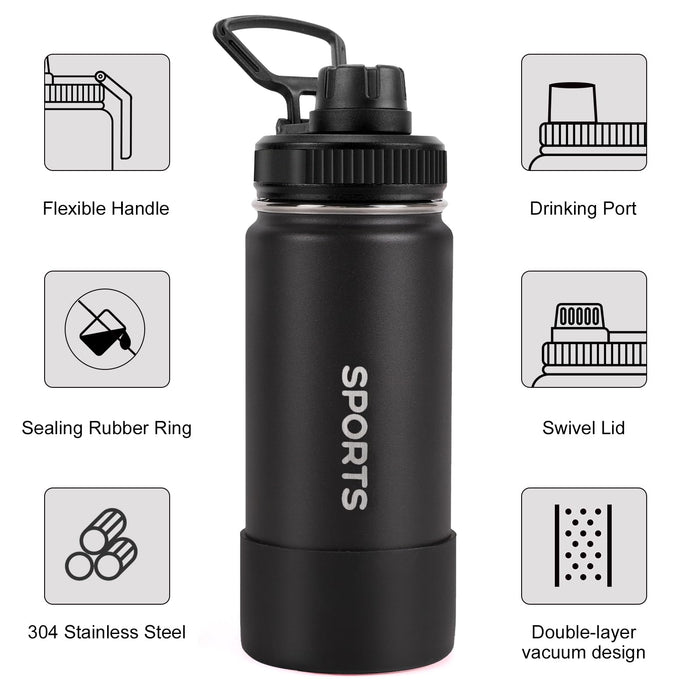 16oz Water Bottle 2 Pack, Sport Drinking Bottles Stainless Steel Leak Proof, Double Walled Vacuum Insulated Tumbler, Metal Gym