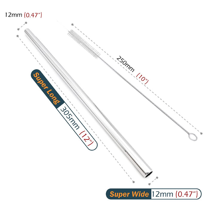Super Big Drinking Straws Set 12 Extra Long 12 Extra Wide Reusable 304 FoodGrade 188 Stainless Steel for Frozen Drinks Boba