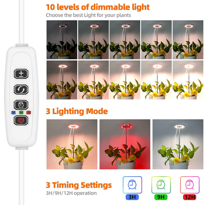 PDGROW LED Grow Light for Indoor Plants, Full Spectrum Plant Halo Lights with Red Light, Height Adjustable Growing Lamps with Tim