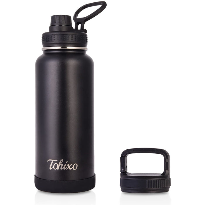 Tohixo 32 Oz. Vacuum Insulated Water Bottle Wide Mouth With Handle, Two Lids, Hot Cold Sports Water Bottle For Gym, Hiking. Blac