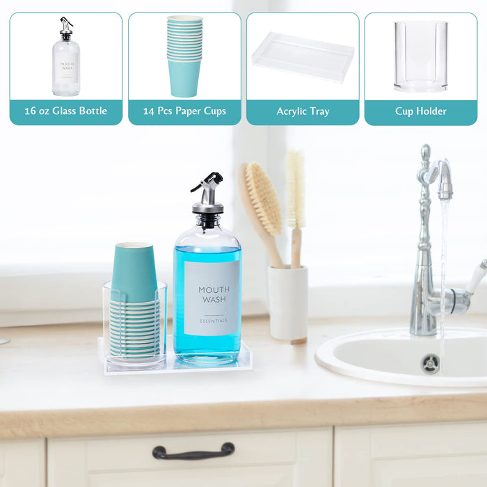 Mouthwash Dispenser with Cup Holder for Bathroom: Loplurea Mouth Wash Container, Mouthwash Dispenser Bottle with Tray and 14Pcs
