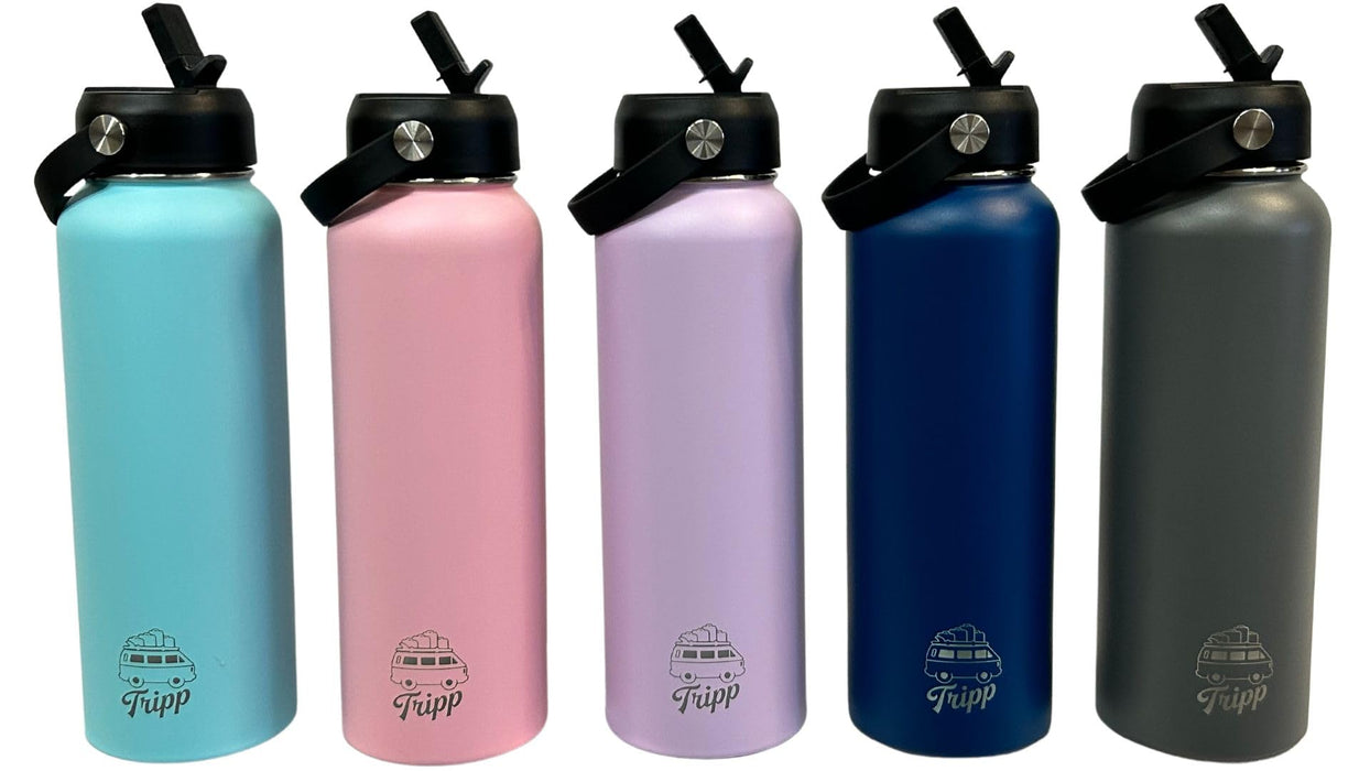 TRIPP 40oz Insulated Water Bottle + Cup Holder Expander for Car Wide Mouth, Double Walled, Leak Proof 2 Lids Straw Lid Spo