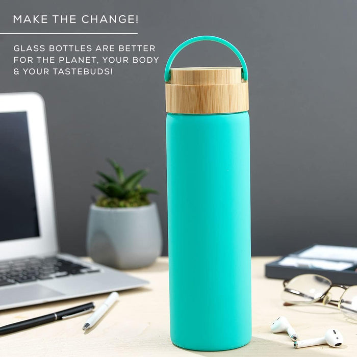 JoyJolt Borosilicate Glass Water Bottle with Strap, Silicone Sleeve and Lid Turquoise. 20oz Water Bottles. Reusable Water Bottl