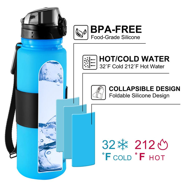 BULUNOW Travel Water Bottle, Upgraded Collapsible Water Bottles, BPA Free Silicone Folding Water Bottle 22 Oz for Sports Travel