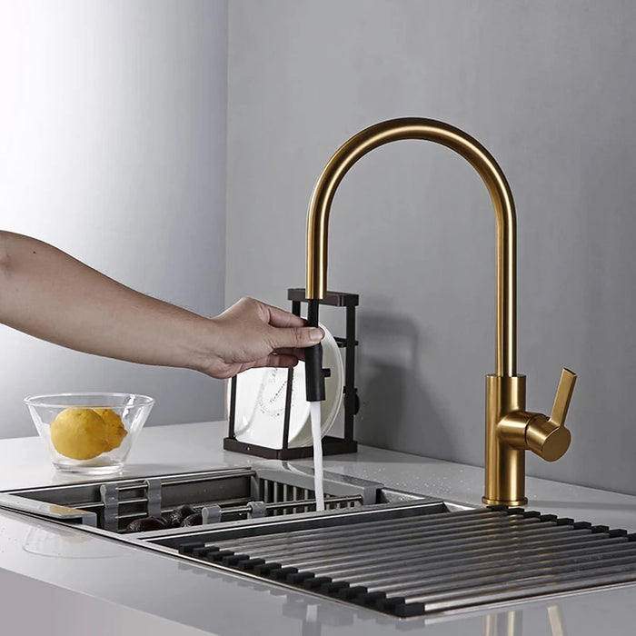 Brushed Gold Kitchen Faucet, Brass Pull Down Kitchen Sink Faucet, 360 Degree Rotation Single Handle Hot and Cold Water Kitchen Mixer Tap