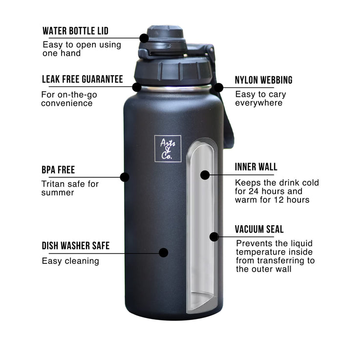 ARTS CO. Success Facts Vacuum Insulated Stainless Steel Wide Mouth Leakproof Inspiration Sports Water Bottle 32 oz. Deep Black