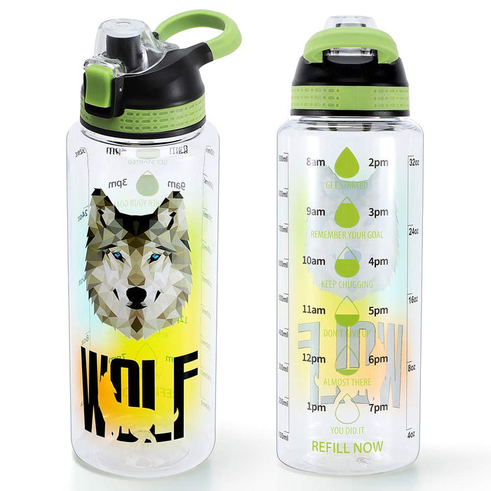 Home Tune 32oz Motivational Water Bottle with Time Marker, BPA FREE Tritan Leak Proof Carry Handle Unique Design Easy Cle