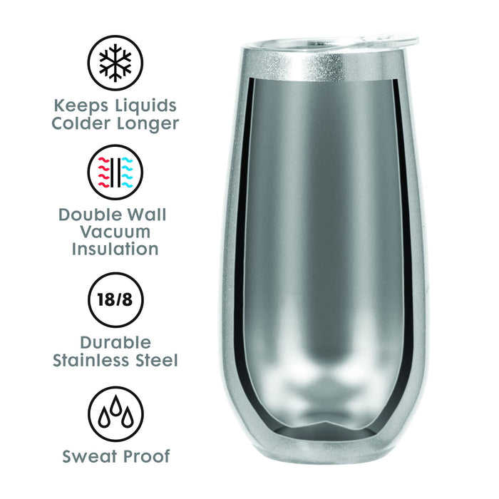 OGGI Thermo Flute 'Celebrate Collection' Stainless Steel Insulated Champagne Flute Tumbler Silver Sparkle, 6oz, with clear sip