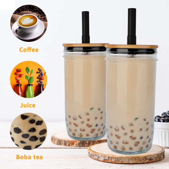 tronco Glass Cups Set 2 Pack, 24oz Wide Mouth Mason Jar Drinking Glasses with Bamboo Lids Straws,Reusable Glass Boba Tea Cup