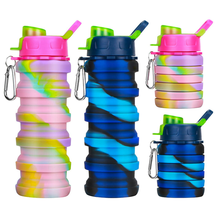 Collapsible Water Bottle 2 Pack Silicone Foldable Water Bottle with Carabiner BPA Free Expandable Water Bottle 500ml Leak Proof
