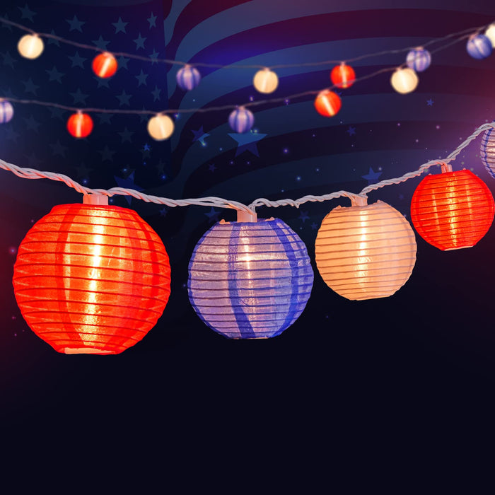 4th of July Lights - Lantern String Lights, 6.7 Feet 10 Waterproof Nylon Lantern Hanging Globe Light, Plug in Connectable Decorative Lights for Independence Day Yard Garden Fourth of July Decor