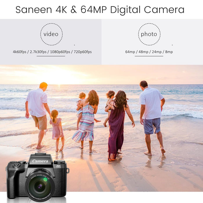 Saneen Digital Camera, 4k Cameras for Photography & Video, 64MP WiFi Touch Screen Vlogging Camera for YouTube with Flash, 32GB SD Card, Lens Hood, 3000mAH Battery, Front and Rear Cameras - Black