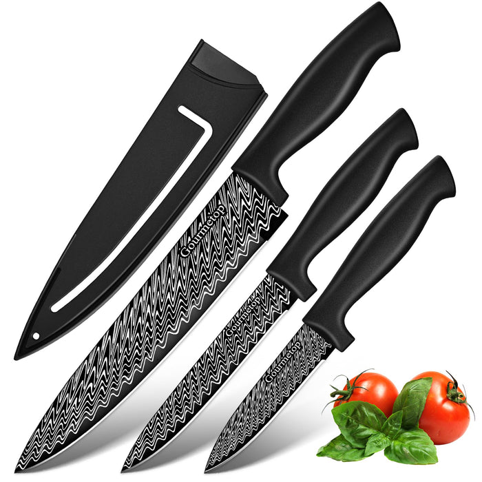 3 Pcs Kitchen Knife Set With Cover, Black Knives Set For Kitchen Stainless Steel, Damascus Pattern Chef Knife Set With Sheath