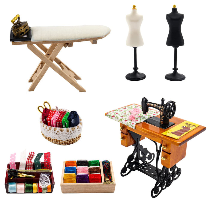 1 12 Sale Miniature Sewing House Sene Model Acessories Simulation Vintage Sewing Mahine, Sewing Box, Ironing Board