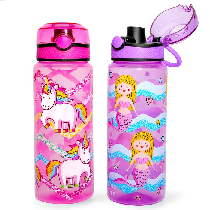 Home Tune 23oz Kids Water Drinking Bottle 2 Pack BPA Free, Auto Push Button, Chug Lid, Carry Loop Lightweight, LeakProof Water
