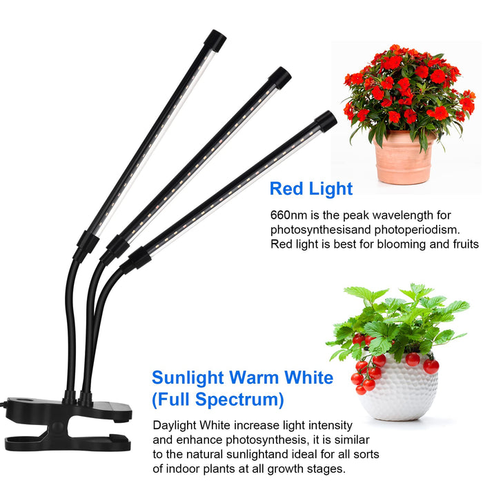 SYEIORAOM Grow Lights for Indoor Plants, 3 Head Desk Clip Full Spectrum LED Plant Lights, Adjustable Gooseneck, Horizontal Plant