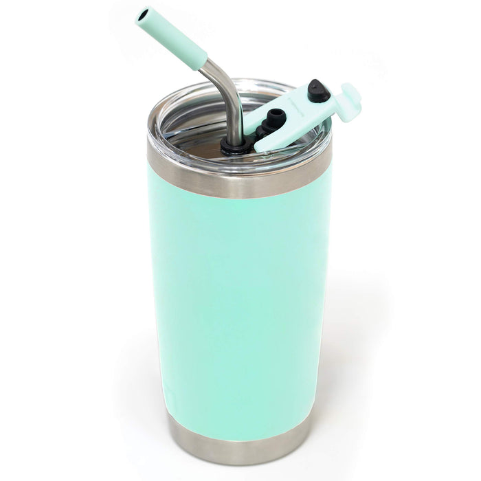 Spill Proof Tumbler Lid with Angled Stainless Steel Straw + Silicone Straw Tip + Straw Cleaning Brush for Yeti Rambler or Ozark