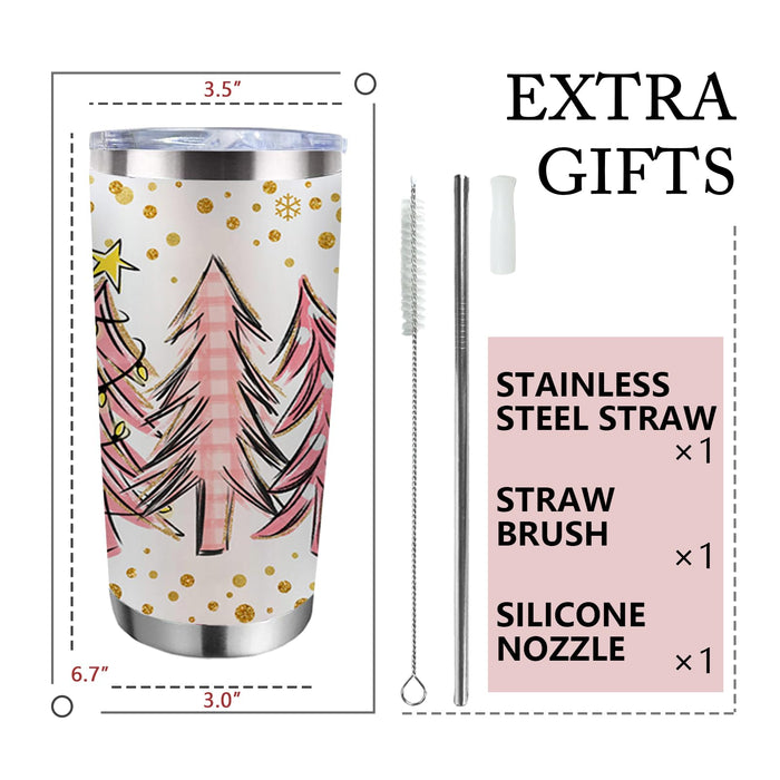 Uniqus Christmas Tree Tumbler with Lid and Straw, Pink Xmas Buffalo Plaid Check Snowflake Stainless Steel Travel Coffee Cup
