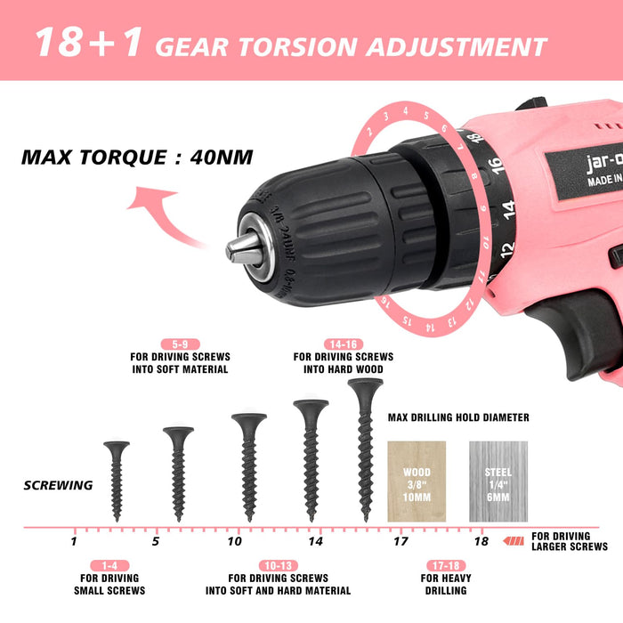 Jarowl 21V Pink Cordless Drill Set For Women，350 Inlb Torque, 01350Rmp Variable Speed, 10Mm 38'' Keyless Chuck, 18+1 Clutch