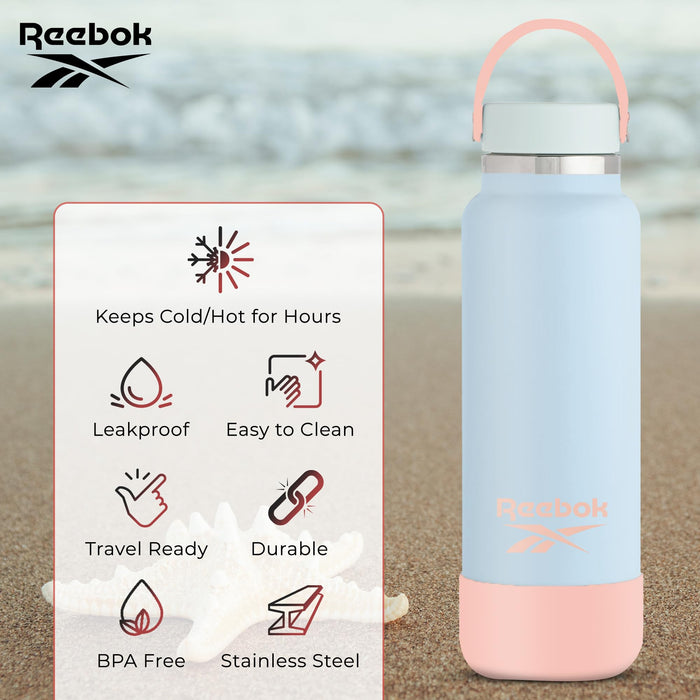 Reebok Stainless Steel Wide Mouth Water Bottle With Flex Cap For Outdoor 32 oz Double Wall Vacuum Insulated Sports Water Bott