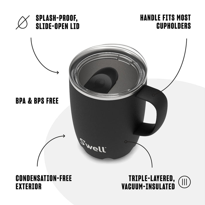 S'well Stainless Steel Travel Mug with Handle 12oz Onyx TripleLayered VacuumInsulated Container Designed to Keep Drinks