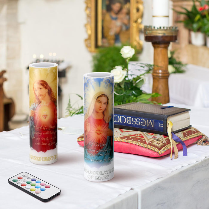 2 Pcs Religious Flameless LED Prayer Candle Real Wax Baptism Candle Set Immaculate Heart of Mary and Sacred Heart of Jesus Battery Operated Candles with Remote Control