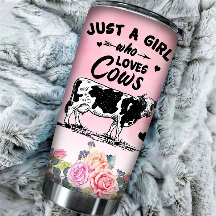 Funny Cow Tumblers Just A Girl Who Love Cows Tumbler Mug, Floral Travel Cup Double Wall Insulated Coffee Mug with Lip and Straw