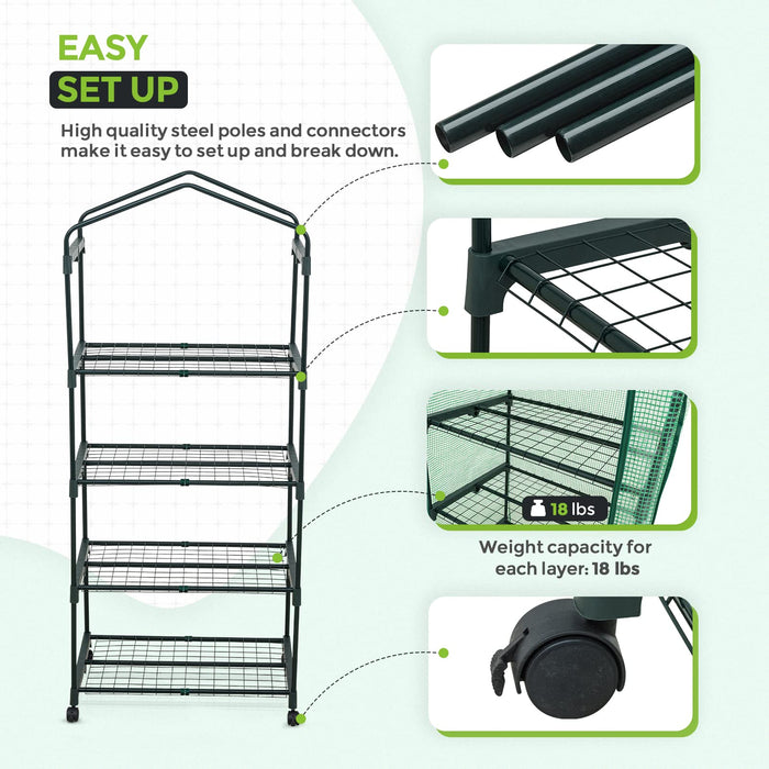 EAGLE PEAK Mini 4 Tier Greenhouse with Wheels Wire Shelves, Portable 27x19x65 Indoor Outdoor Garden Green House with Roll