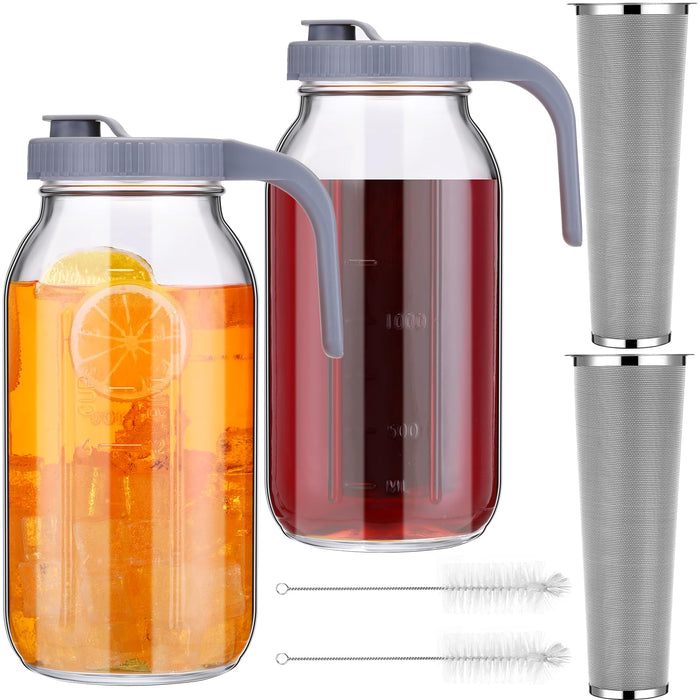 Tioncy 2 Sets Cold Brew Coffee Maker 64 oz Mason Jar Cold Brew Pitcher with Coffee Filter and Brush Glass Storage Pitcher