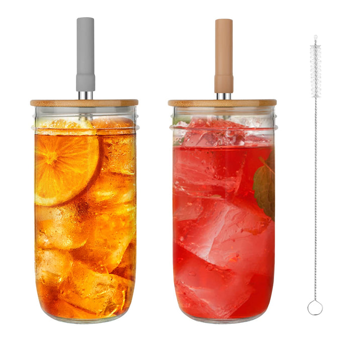Tronco Glass Cups Set 2 Pack 24oz Wide Mouth Mason Jar Drinking Glasses with Bamboo Lids Straws Cute Reusable Boba Bottle