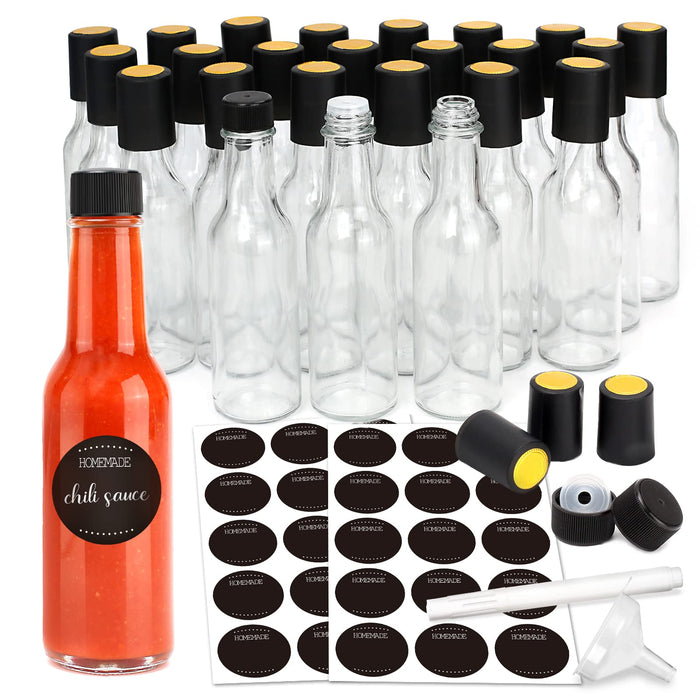 GMISUN Mini Hot Sauce Bottles 5 oz, 24 Pack Glass Woozy Bottles with Shrink Capsules, Mini s with Labels, Funnel, Caps