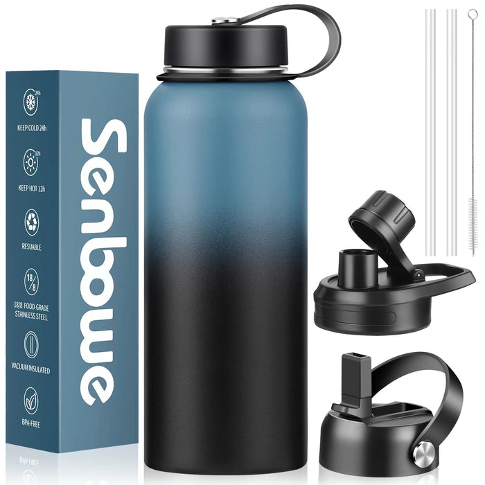 Senbowe 40 oz Insulated Water Bottle With Straw, Stainless Steel Leak Proof Vacuum Sports Water Flask with 3 Lids Straw, Spout