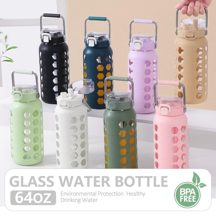 MUKOKO 64oz glass water bottles with Straw and Lid,half gallon water bottle with Time Marker,Large Glass Water Jug with Silicone