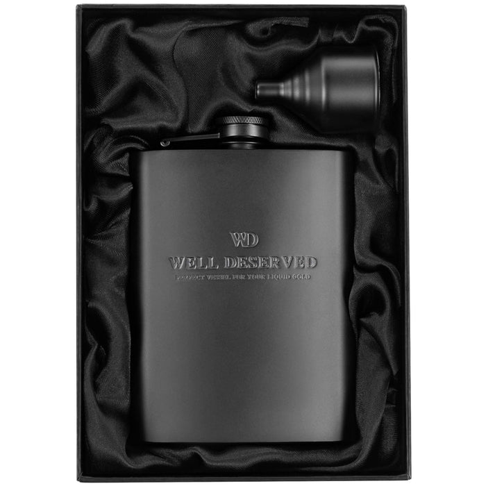 Matte Black Flask 8 oz + Black Funnel + Black Canvas Pouch. Set, Classy Packaging. Engraved WellDeserved. Stainless Steel