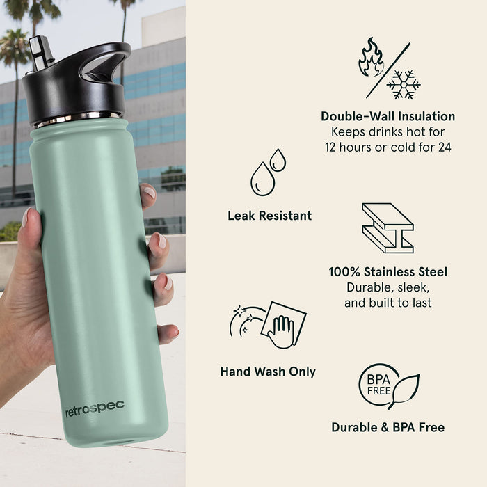 Retrospec Alder Insulated Water Bottle with Straw Lid Handle Cap Stainless Steel Wide Mouth DoubleWall Vacuum Insulated Ther