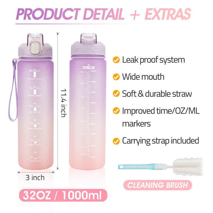 Uniqus Motivational Water Bottle with Time Marker 32oz Water Bottles with Times to Drink, Leakproof BPA Free Sports Water